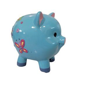 mini piggie bank blue with flowers and butterflies. cute for little girls room
